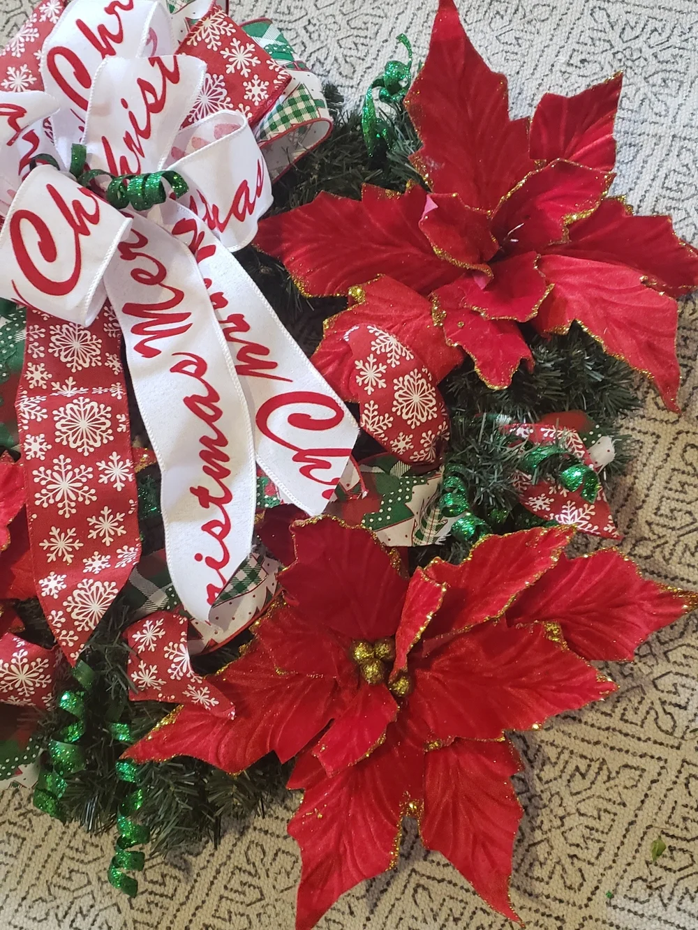 Holiday Red Poinsettia Wreath with Festive Ribbon